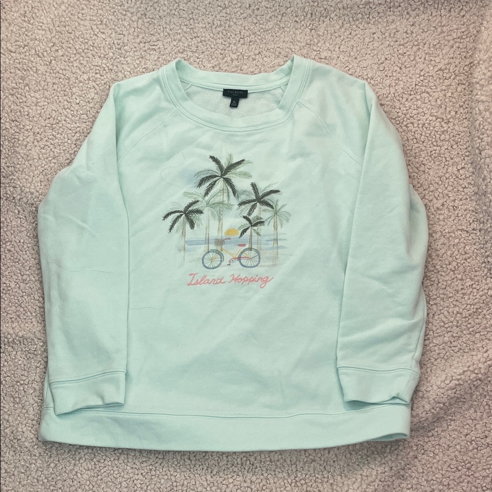 Talbots Women’s Light Mint Crewneck Sweatshirt with Palm & Bike Graphic Sz MP
